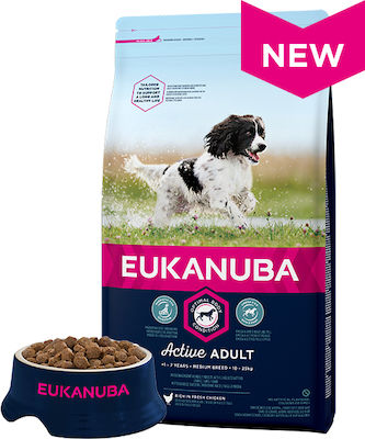 Eukanuba Active Adult Medium Breed 15kg Hrană Uscată pentru Câini Adulți de Rase Medii cu Pui