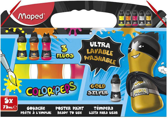 Maped Peps Fluo+ Tempera Paints Multicolour in Jar 75ml 5pcs
