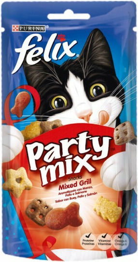 Purina Felix Party Mix Snack Treats with Beef Mixed Grill with Beef, Chicken & Salmon for Adult Cats 60gr