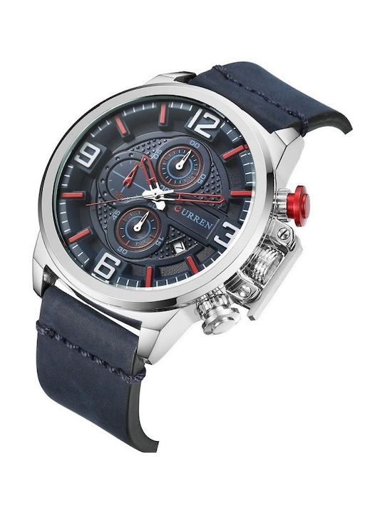 Curren Blue Herrenuhr 48mm Chronograph Batterie mit Blau Lederarmband