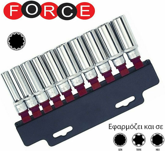 Force Καρυδάκια Πολύσφηνα Μακριά με Καρέ Υποδοχής 1/2" Σετ 10τμχ