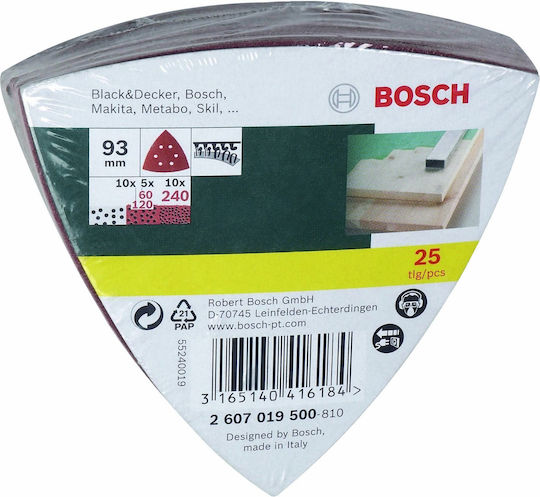 Bosch Delta Sanding Sheet K240 / K120 / K60 with Holes 93x93mm Set 25pcs