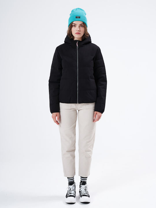 Women's Short Puffer Jacket Waterproof and Windproof for Winter with Hood Black