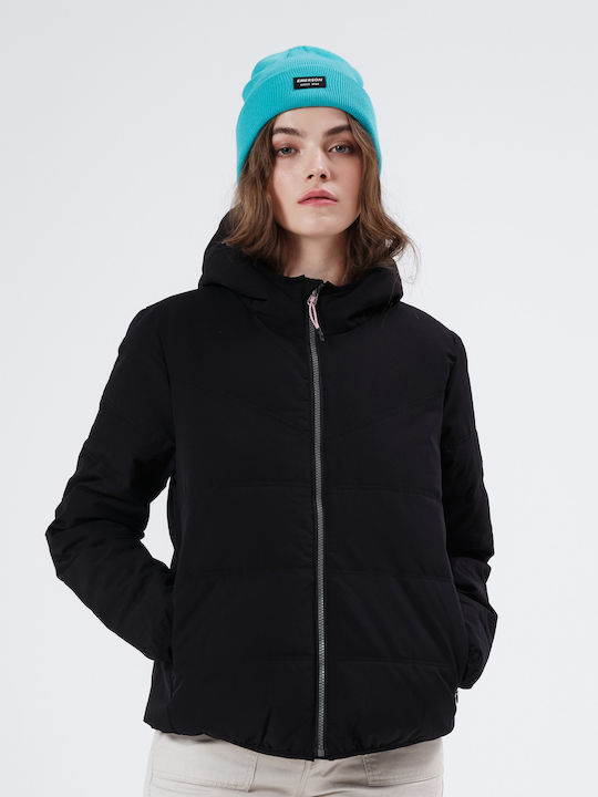 Women's Short Puffer Jacket Waterproof and Windproof for Winter with Hood Black