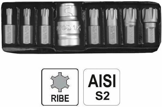 Yato Set Καρυδάκια 1/2" Ribe Walnut with Spline Head and Socket 1/2'' M10 / M12 / M14 / M5 / M6 / M7 / M8 8pcs