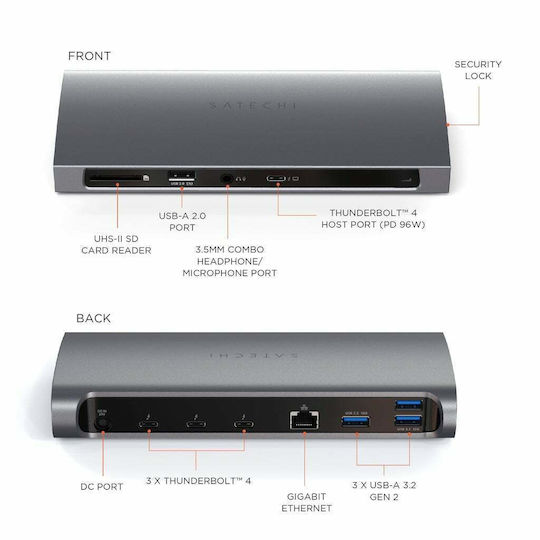Satechi USB-C Docking Station mit 4K PD Ethernet und Verbindung 2 Monitore Gray (ST-UCT4DM)
