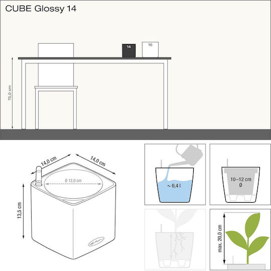 Lechuza Cube Glossy Selbstbewässernd Topf Kunststoff 14x14x13.5cm.