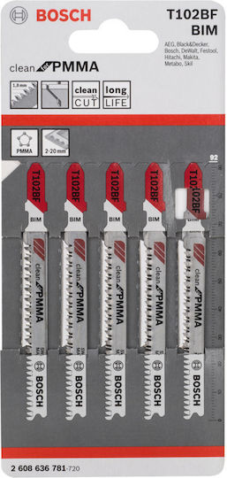 Bosch T102BF Jig Saw Blade 92mm for Clean Cutting of Plastic & Plexiglass 5pcs 2608636781