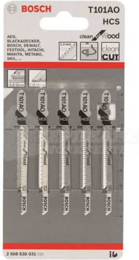 Bosch T101AO Jig Saw Blade for Wood 83mm Clean for Wood 5pcs 2608630031