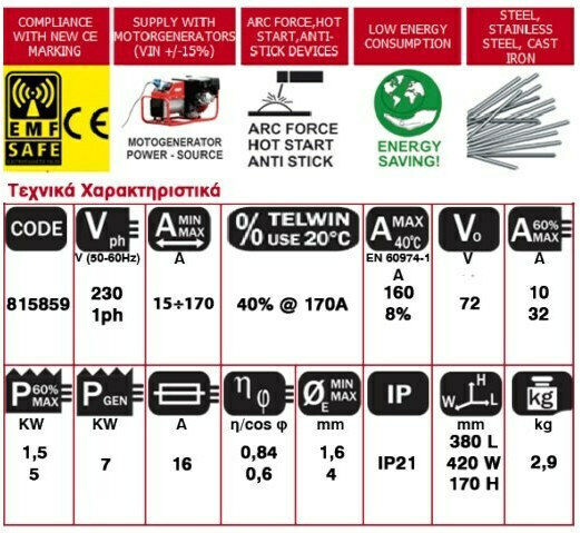 Telwin Force 195 Ηλεκτροκόλληση Inverter MMA με Μέγιστο Ρεύμα Συγκόλλησης 170A και Κύκλο Εργασίας 8%