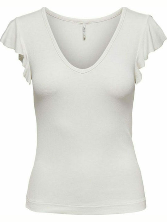 Belia Women's Summer Blouse Short Sleeve with V Neckline White