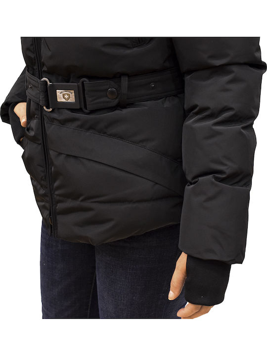 Tivana Kurz Damen Puffer Jacke mit pelziger Kapuze für Winter Schwarz