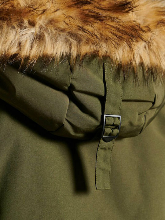 Everest Lang Damen Parka Jacke mit pelziger Kapuze für Winter Khaki