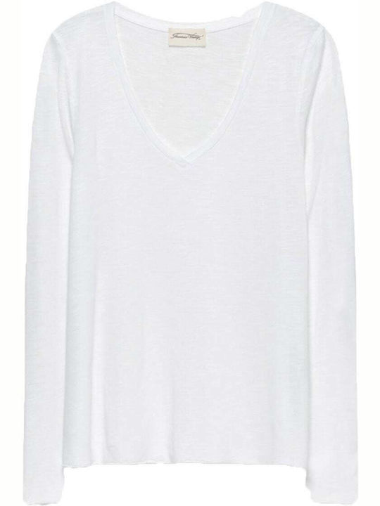 Women's Blouse Cotton Long Sleeve with V Neckline White