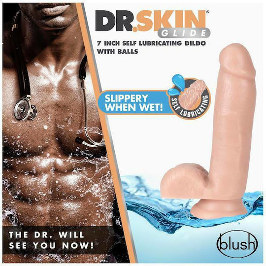 Dr. Skin Glide Self Lubricating Glass Dildo with Balls and Suction Cup Vanilla 18cm