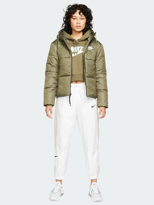 Sportswear Women's Short Puffer Jacket for Winter with Hood Khaki