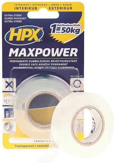 HPX Max Power Transparent Αυτοκόλλητη Ταινία Διπλής Όψης Διάφανη 5mx19mm