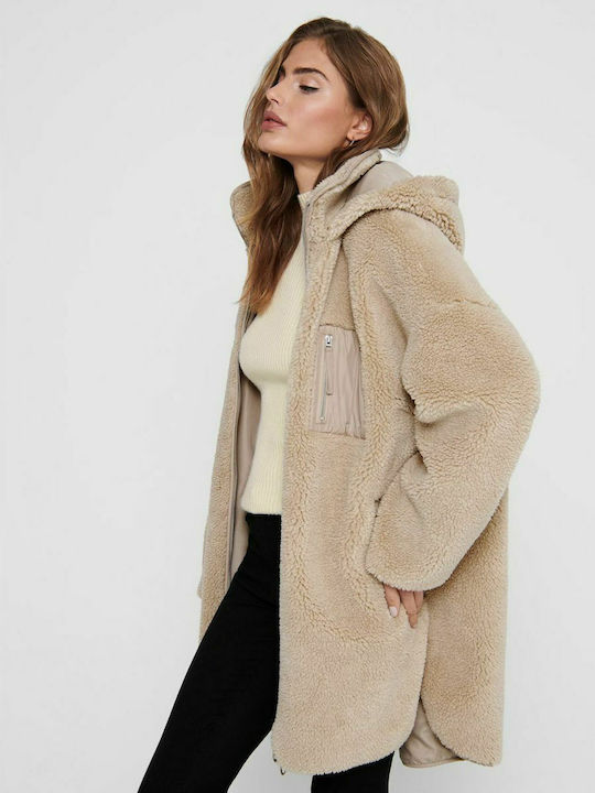 Sherpa Women's Beige Coat Oversized Teddy with Hood & Fur Details