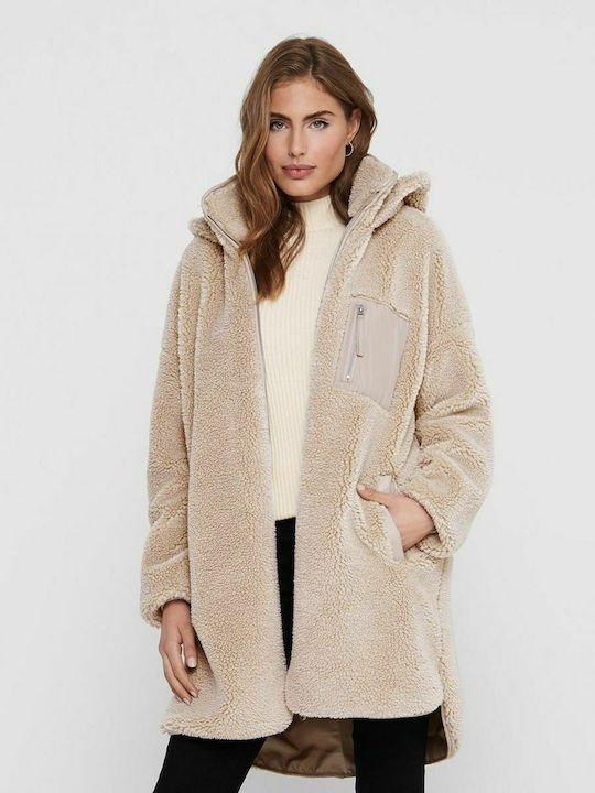 Sherpa Women's Beige Coat Oversized Teddy with Hood & Fur Details