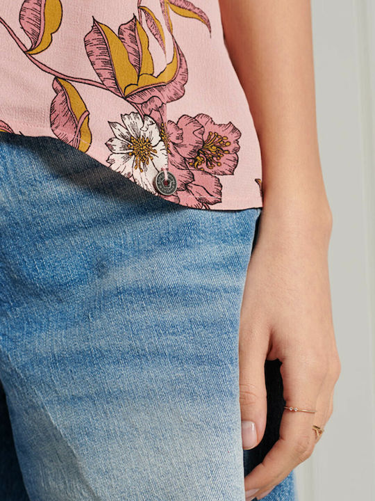 Kurzärmelig Damen Hemd Rosa Blumen