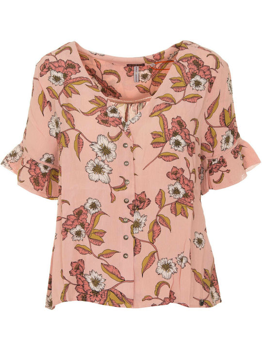 Kurzärmelig Damen Hemd Rosa Blumen
