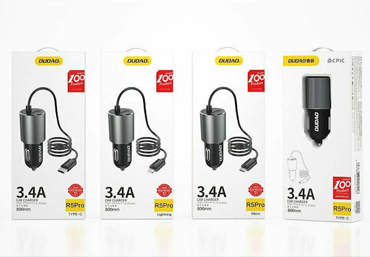 Dudao Încărcător Auto 17W 3.4A cu Porturi: 1xUSB 1xBrichetă împreună cu Cablu Micro-USB / Integrat Negru Culoare