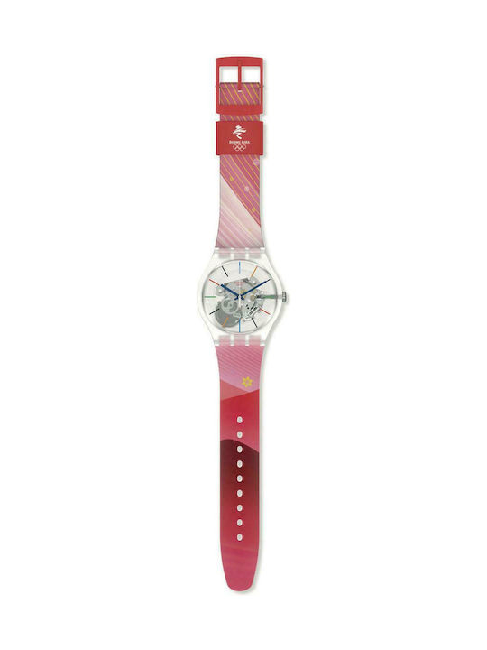 Swatch Red Rivers And Mountains Damen Uhr mit Kautschukarmband