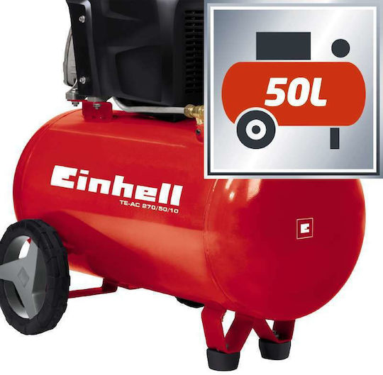 Einhell TE-AC 270/50/10 Cu o singură fază Compresor de aer 74dB cu Putere 2.4hp și Rezervor de aer 50lt 4010440