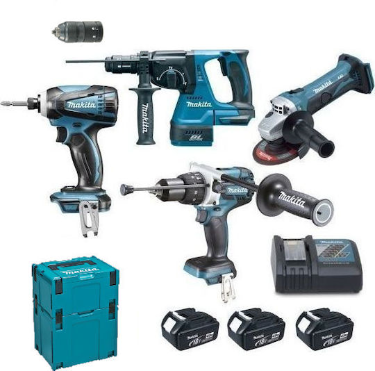 Makita DLX4104TJ1 Σετ Γωνιακός Τροχός, Κρουστικό Δραπανοκατσάβιδο, Παλμικό Κατσαβίδι & Πιστολέτο Brushless 18V με 3 Μπαταρίες 5Ah και Θήκη