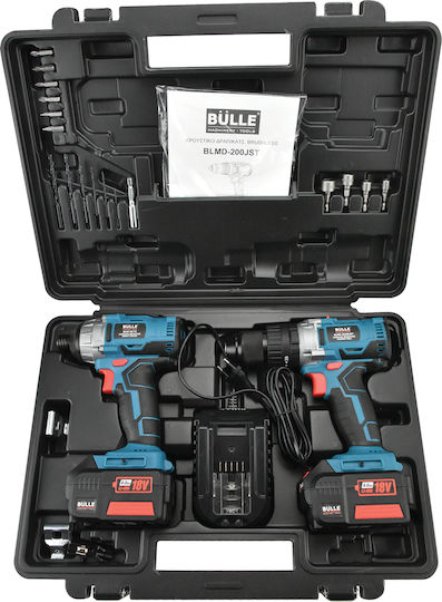 Bulle Set Impact Drill Driver & Impact Screwdriver Brushless 18V with 2 Batteries 4Ah and Case with 13 Components