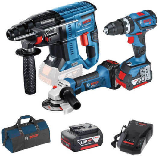 Bosch Professional Kit Gbh 18v Σετ Γωνιακός Τροχός, Δράπανο & Πιστολέτο 18V με 3 Μπαταρίες 4Ah και Θήκη