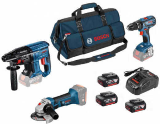 Bosch Professional Kit Gbh 18v Σετ Γωνιακός Τροχός, Δράπανο & Πιστολέτο 18V με 3 Μπαταρίες 4Ah και Θήκη