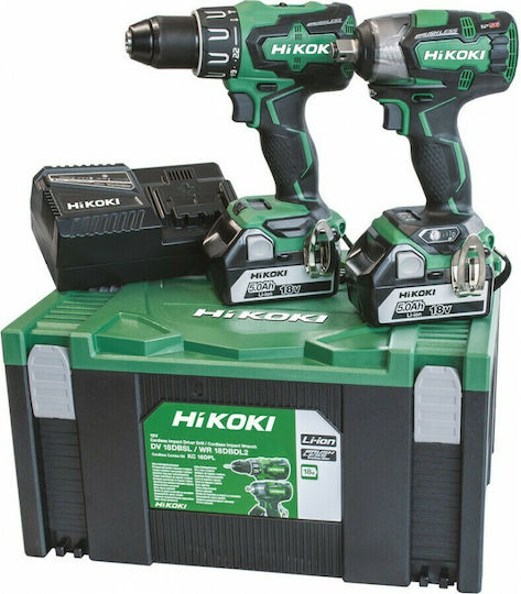 Hikoki KC18DPLWDZ Сет Двигател за бормашина & Ударна машина Безчетков 18V с 2 батерии 5Ах и куфар