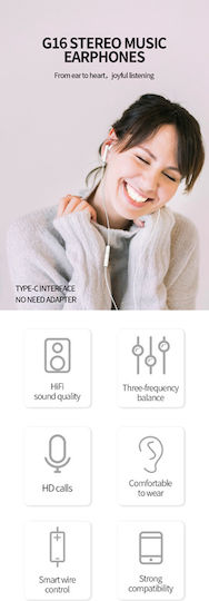 Celebrat G16 Earbuds Handsfree with USB-C Connector White