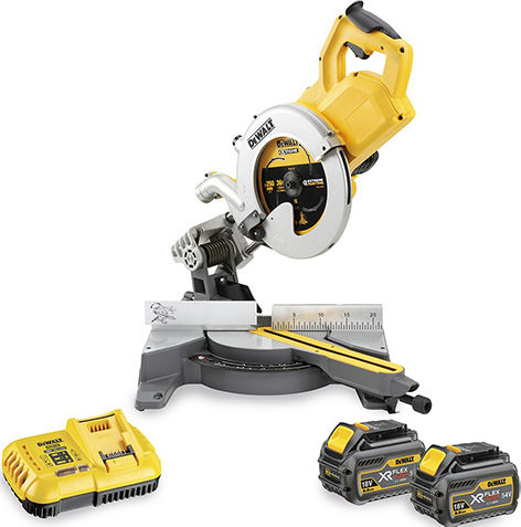 DEWALT Akku-Kapp- und Gehrungssäge Schiebesäge mit Schnittführung Laser & Scheibendurchmesser 250mm 2x6Ah