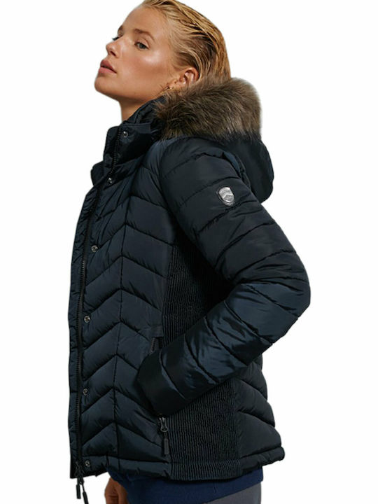 Luxe Fuji Scurtă Jachetă de femei Puffer cu glugă de blană Albastru marin
