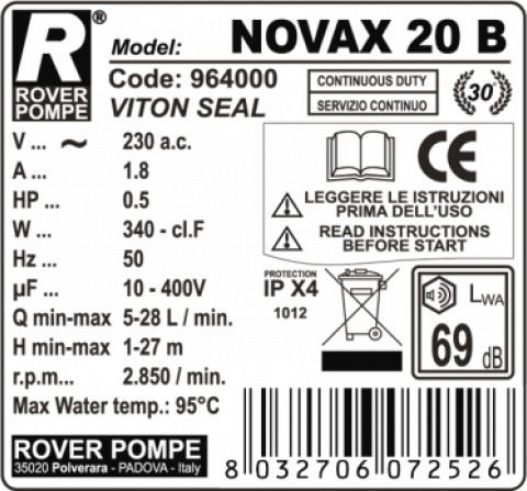 Rover Pompe Novax 20B Single Phase Transfer Pump with 3/4" Inlet and 0.5hp Horsepower