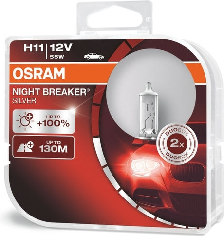 Osram Lampen Auto Night Breaker Silver H11 Halogen 3200K Warmes Weiß 12V 55W 1Stück