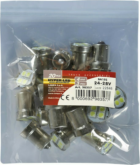 Lampa Lamps Car & Motorcycle Hyper-Led P21W-BA15S-1156 LED 6500K Cold White 24V 21W 20pcs
