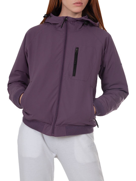 Women's Short Sports Softshell Jacket Waterproof and Windproof for Winter with Hood Purple