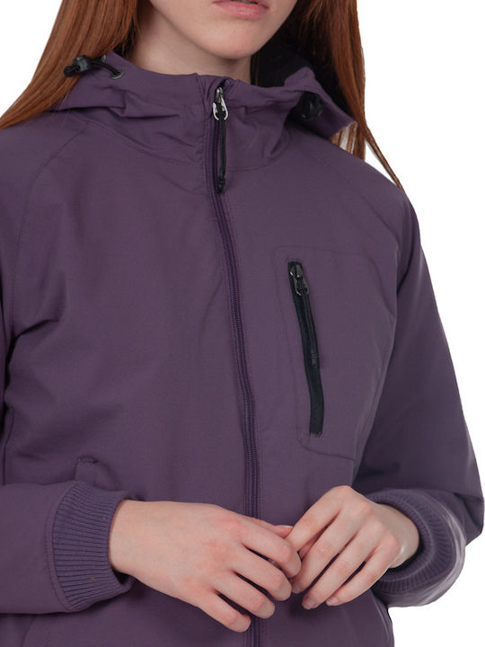 Women's Short Sports Softshell Jacket Waterproof and Windproof for Winter with Hood Purple