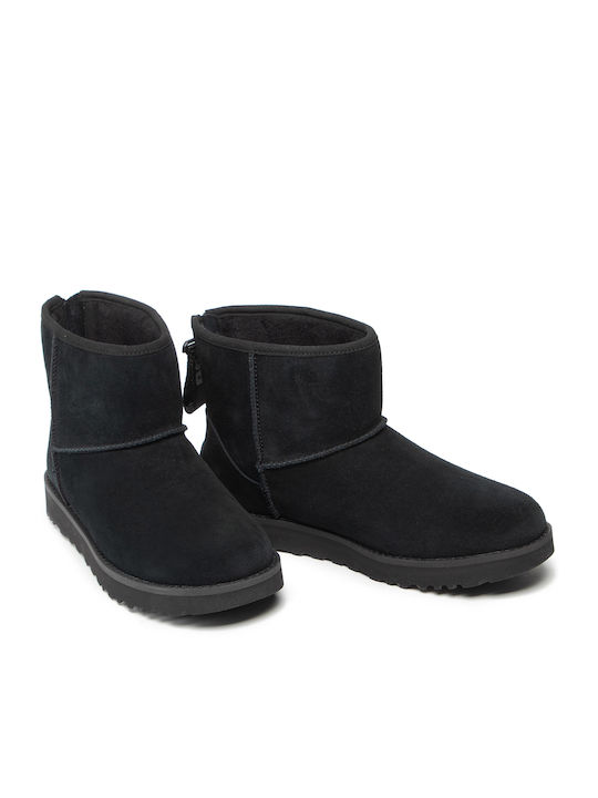 Classic Mini Logo Suede Women's Ankle Boots with Fur Black
