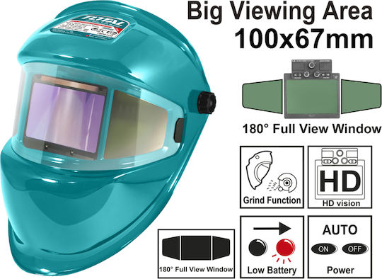 Total Electronic Welding Helmet Optical Field 100x67mm Panoramic Green