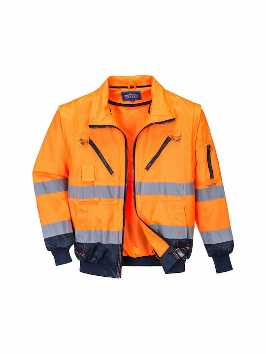 Portwest Work Jackets Reflective for Winter with Removable Lining and Detachable Hood Orange
