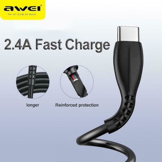 Awei CL-115T USB 2.0 Cable USB-C male - USB-A Μαύρο 1m AW-CL-115T
