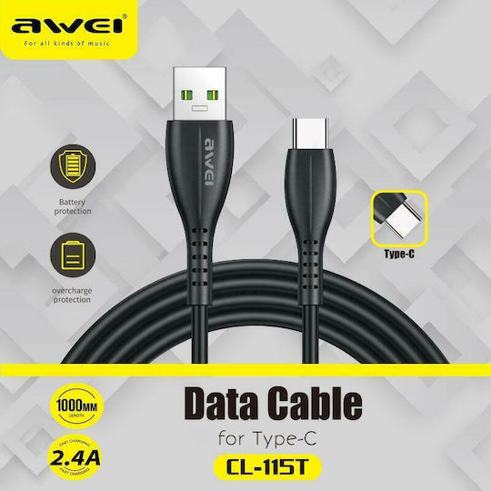 Awei CL-115T USB 2.0 Cable USB-C male - USB-A Μαύρο 1m AW-CL-115T