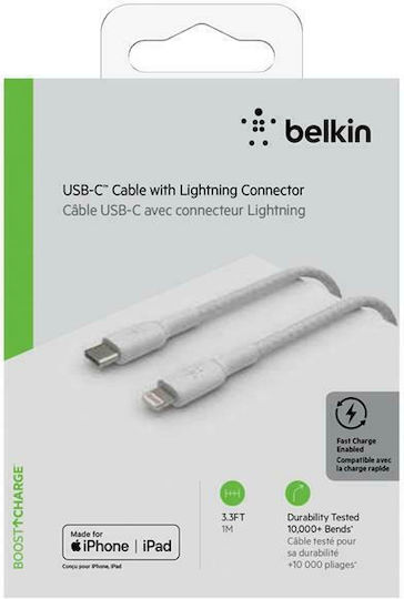Belkin Braided USB-C to Lightning Cable 30W White 1m (CAA004bt1MWH)