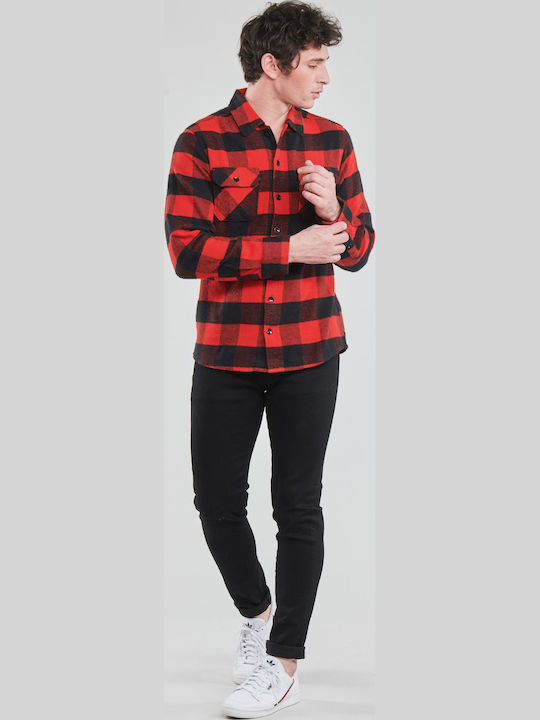 Sacramento Long Sleeve Flannel Overshirt Narrow Fit Checked Red