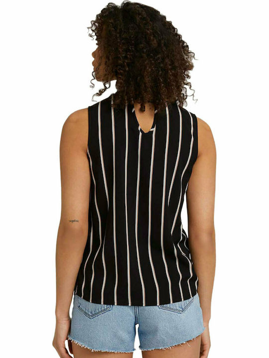 Tom Tailor Damen Sommer Bluse Ärmellos mit V-Ausschnitt Gestreift Schwarz