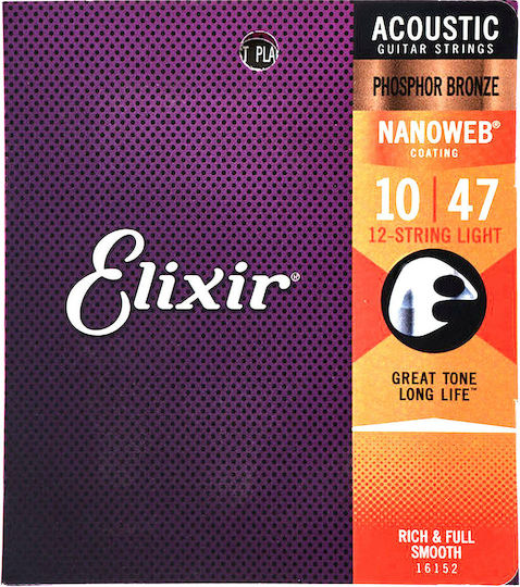Elixir Set of Phosphor Bronze Strings for Acoustic Guitar Nanoweb Light 12-String 10 - 47"